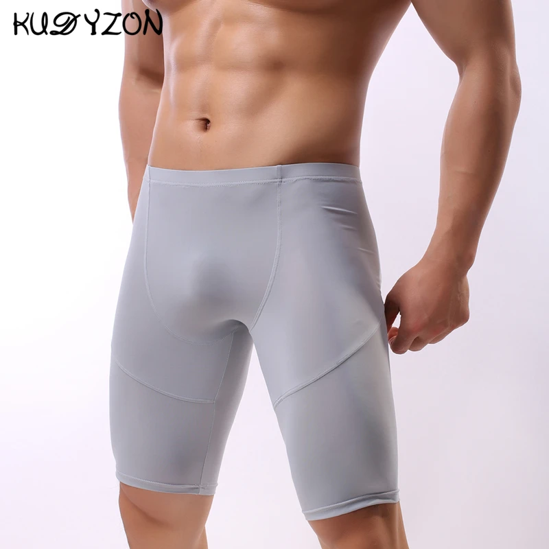 Gelo de seda de fitness longo boxer underwear masculino de secagem rápida boxer shorts de perna longa troncos cuecas sexy bolsa calcinha