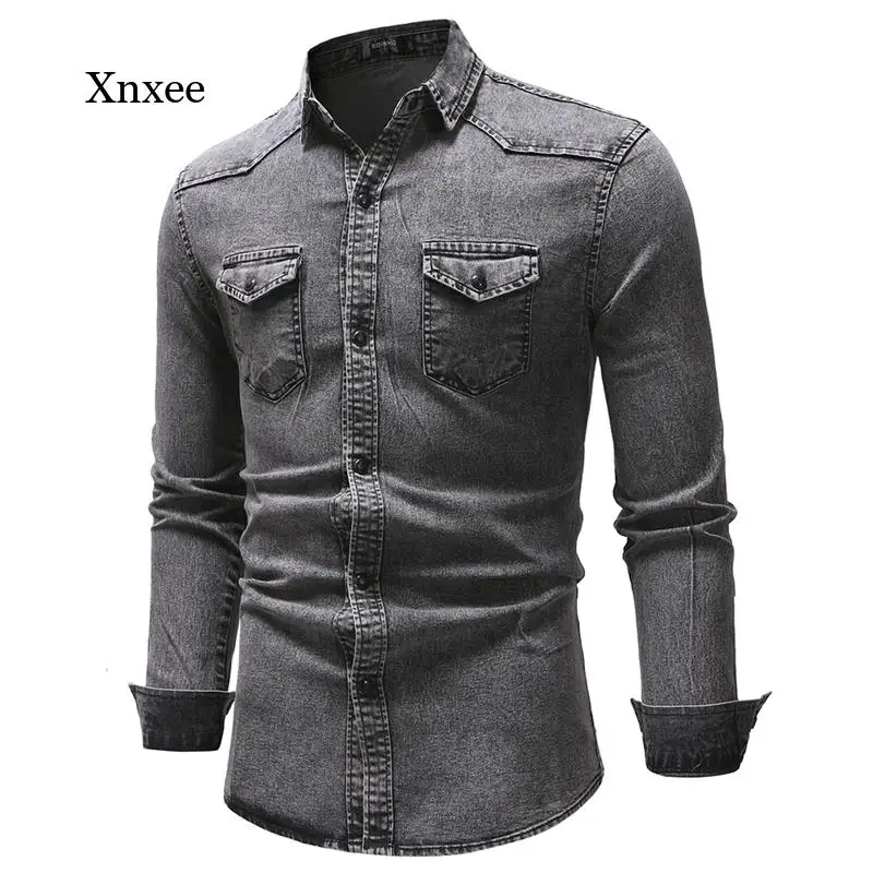 

Long Sleeve Denim Shirt Men's Lapel Men Spring Solid Tops Cotton Jeans Tshirt Casual Spring Shirts Clothing Outwear