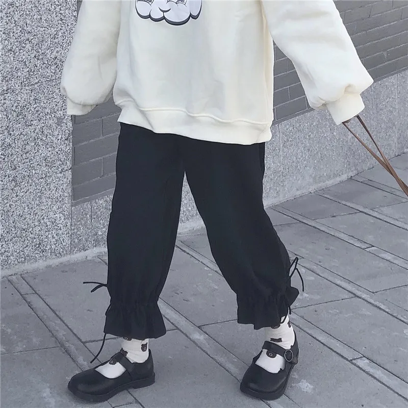 

YBYR Japanese Lolita Style Women Pants Spring Summer High Waist Black White Loose Female Trousers Cotton Cute Preppy Capris