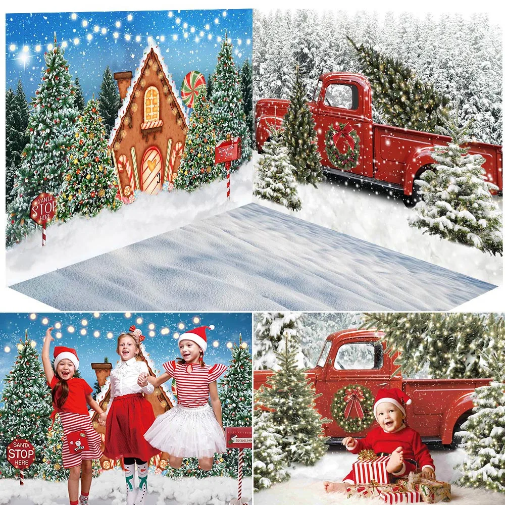 Christmas Gingerbread House Room Backdrop Red Truck Winter Wonderland Pine Forest Background Snow Baby Kids Portrait Photography