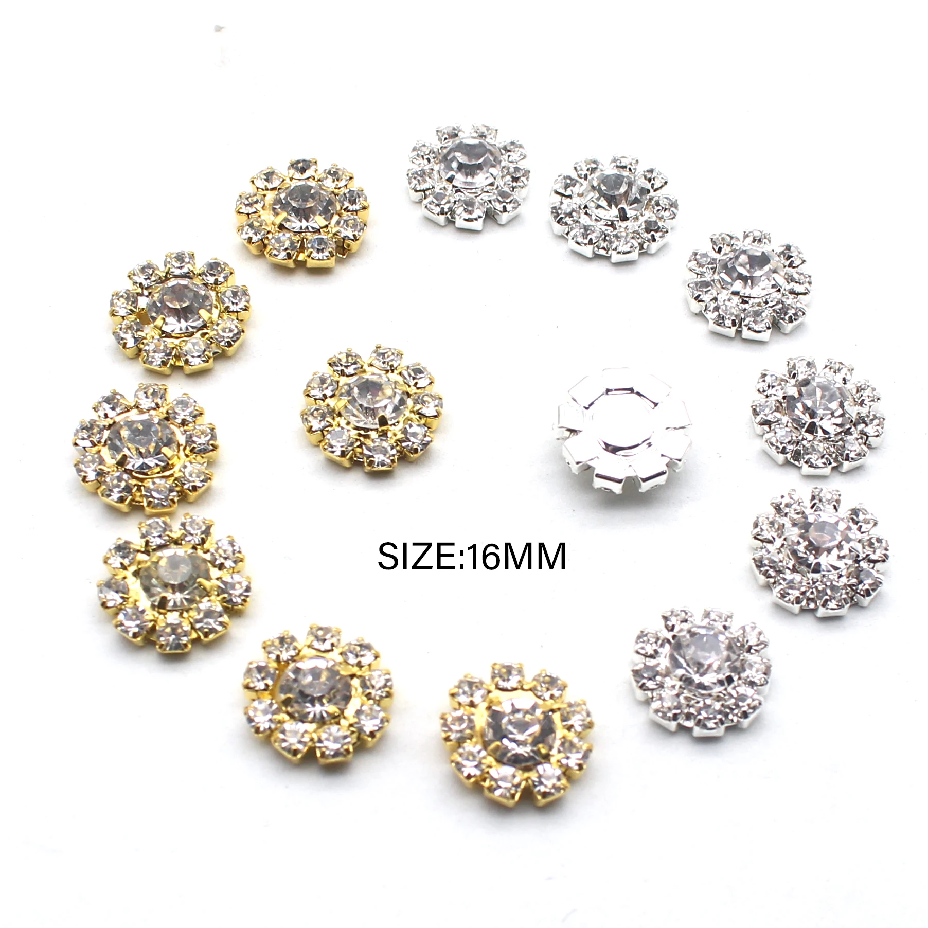 10Pcs/Lot 16mm Flat Alloy Bottom Rhinestone Buttons Jewelry Accessories DIY Craft Decoration Button Wedding Celebration