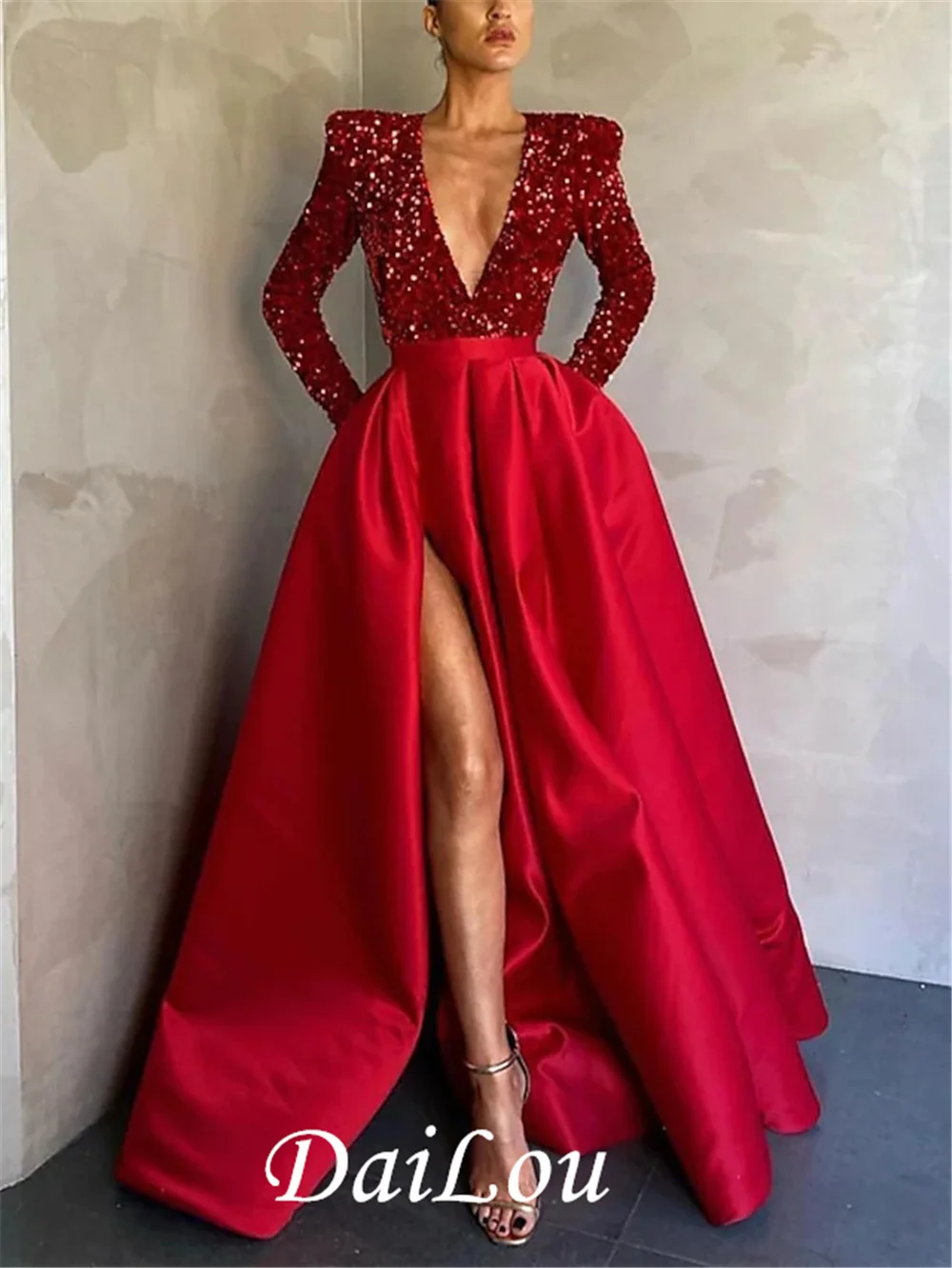 A-Line Sparkle Party Wear Formal Evening Dress V Neck Long Sleeve Floor Length Satin Sequin With Crystals Split 2023