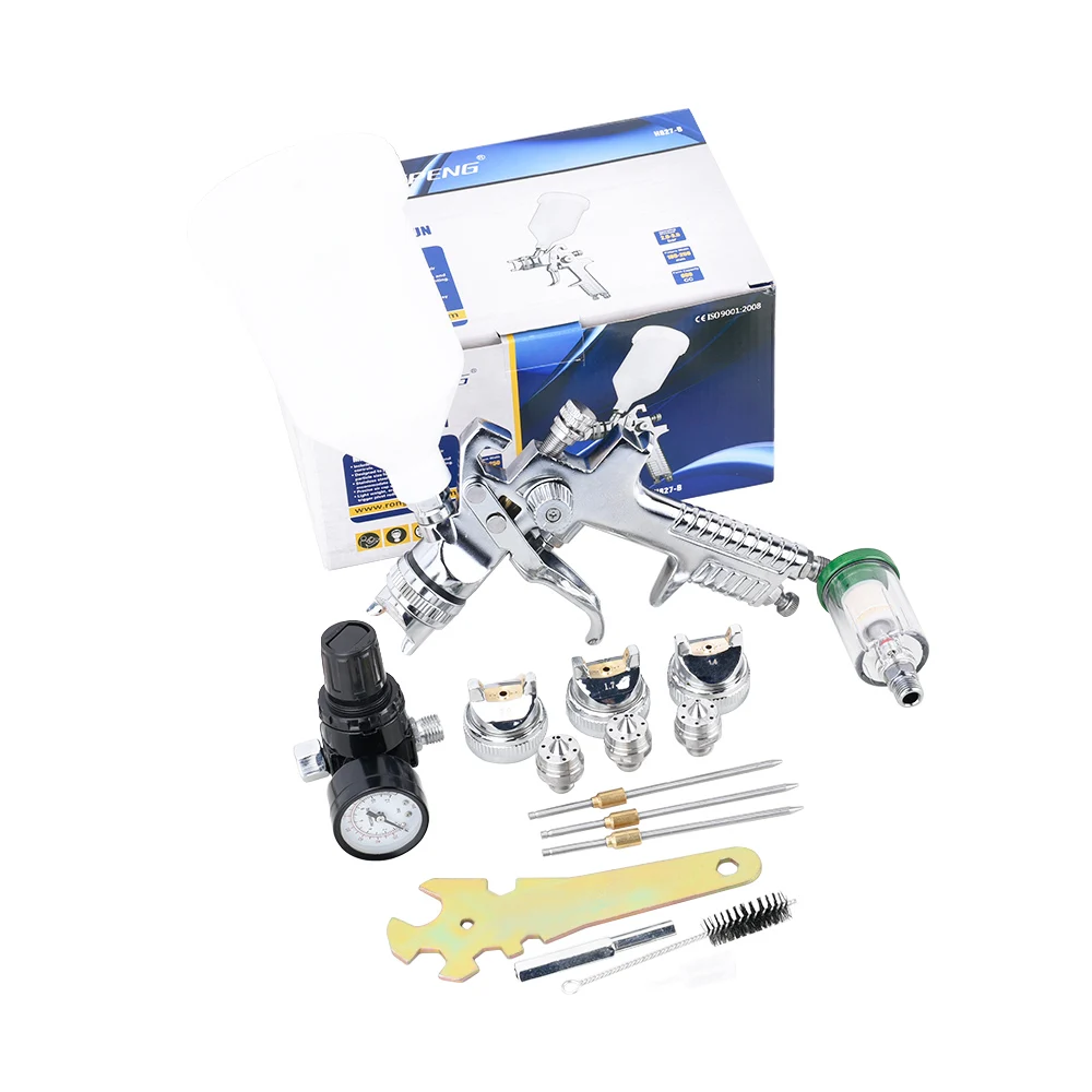 Professional HVLP Spay Gun 1.4/1.7/2.0mm Nozzle Gravity Airbrush +Pressure Regulator + Water And Oil Separator Set