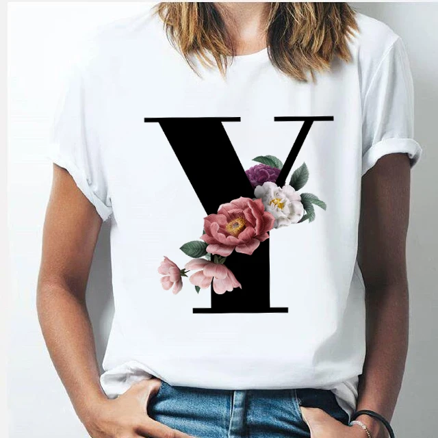 26 alphabet letter women T-shirt Girl A To Z Alphabet combination flowers Short Sleeve casual Korean Style Tops,Drop Ship