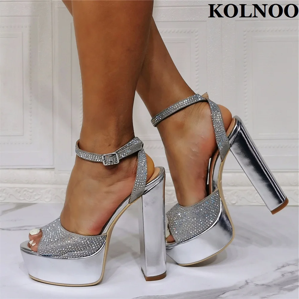 Kolnoo New 2022 Womens Chunky Heeled Sandals Handmade Rhinstone Peep-Toe Sexy Evening Party Prom Shoes Real Photos Fashion Shoes