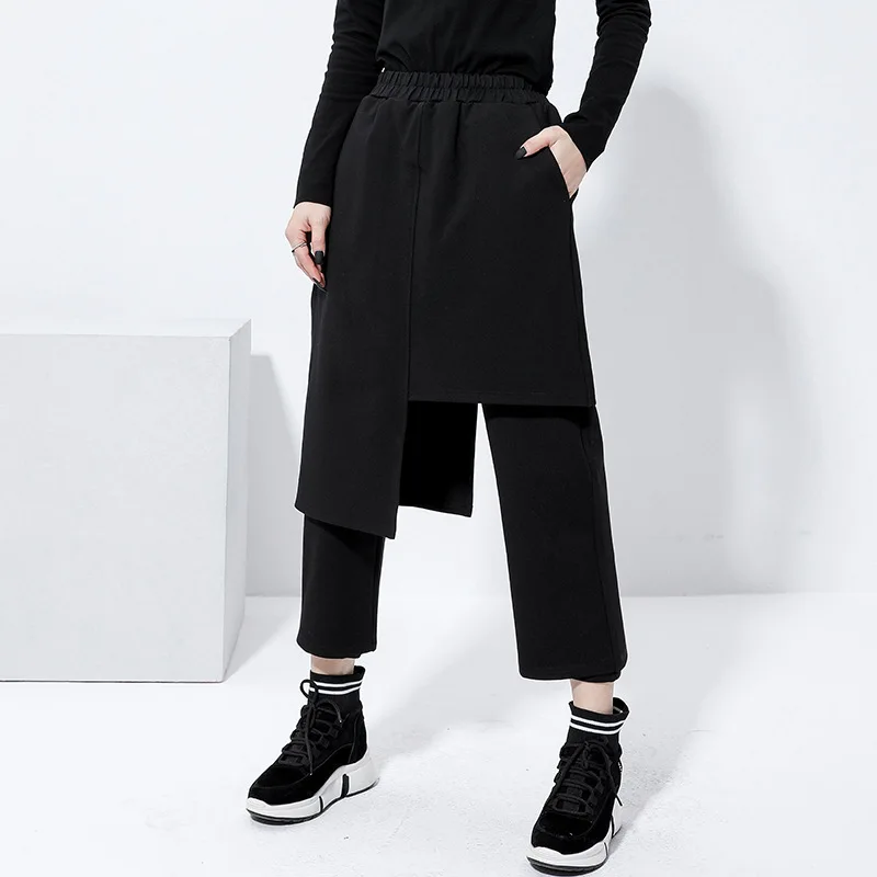 Elastic Waist Black False Two Split Joint Trousers New Loose Fit Pants Women Fashion Tide Spring Autumn 2020 Irregular Boot Pant