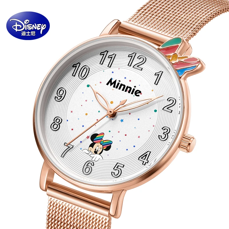 Disney Original Girl Quarz Casual Wrist Watches Micky Mouse White Rose Gold PU New Waterproof Cute Kids Women Student Gift Clock