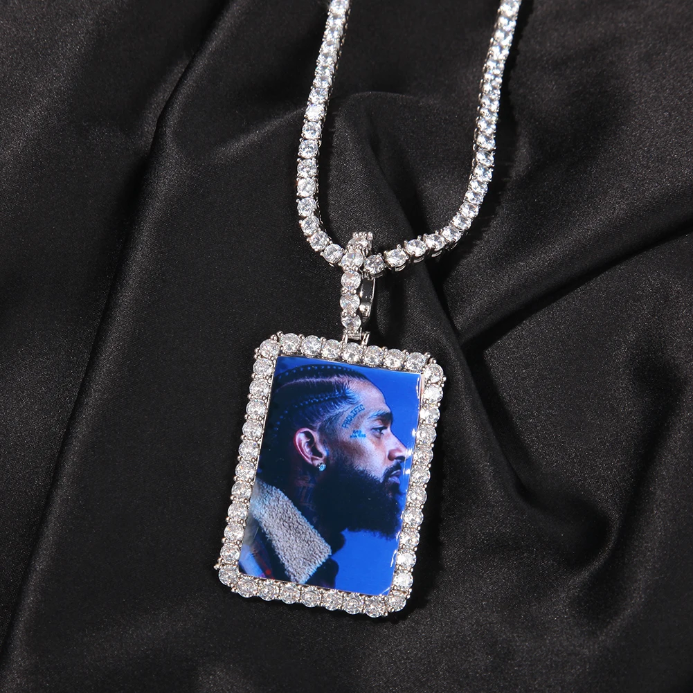 The BLING KING 2 Sizes Rectangle Shape Photo Pendant Iced Out Cubic Zirconia Can be Engraved Name Custom Picture For Memory Gift