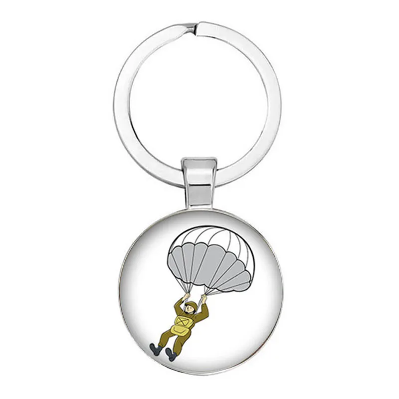 New Sports And Leisure 25mm Handmade Skydiver Silhouette Pendant Keychain Key Chain Round Glass Cabochon Charm Key Ring Sports T