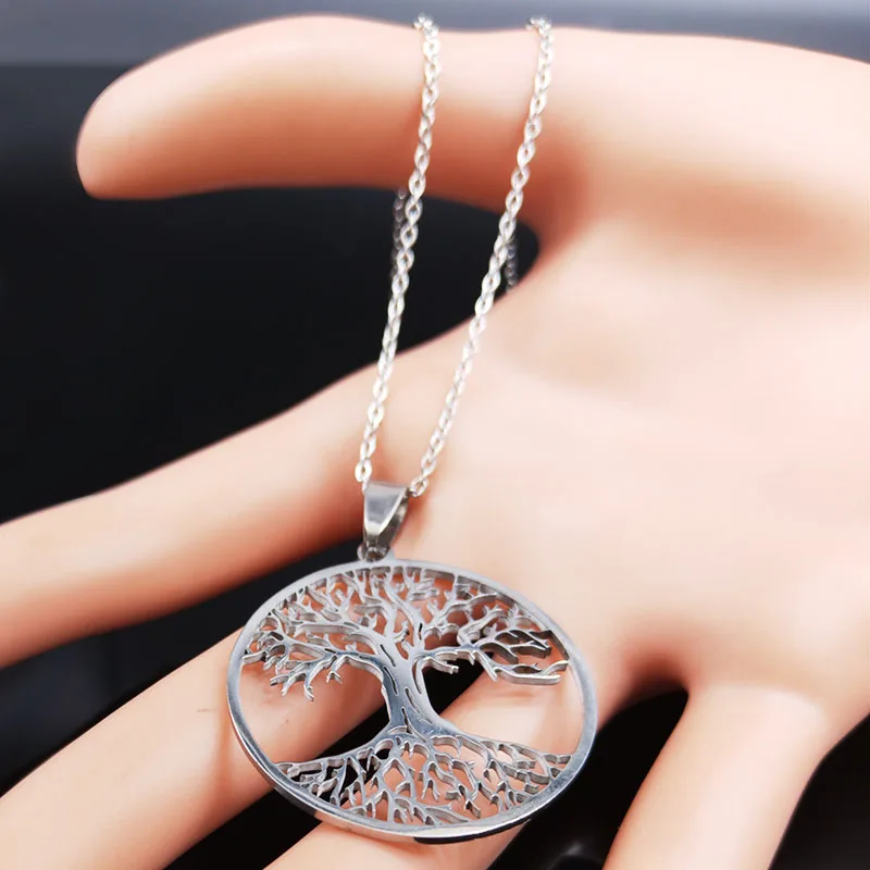 Ästhetische Lebensbaum-Halskette für Damen und Herren, Edelstahl-Anhänger in Silberfarbe, Amulett-Geschenk-Schmuck, Arbol De La Vida – Detail 5