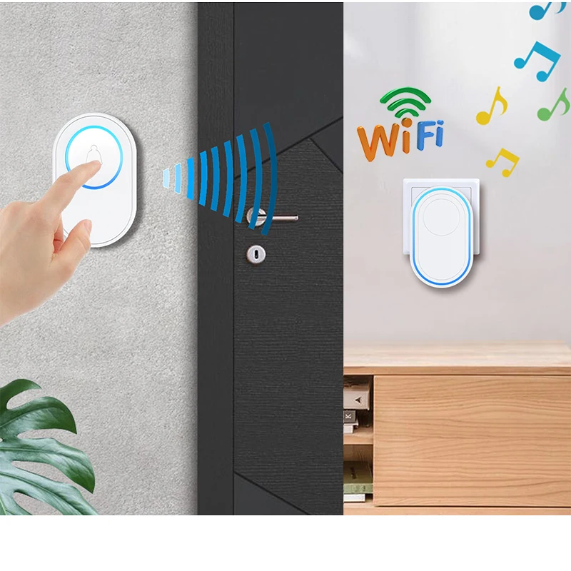 Timbre inalámbrico con Wifi, sistema de alarma inteligente de bienvenida para el hogar, 433MHz, 300m, control remoto, enchufe europeo y