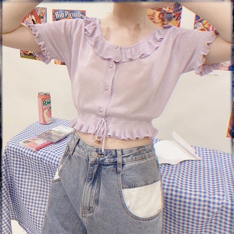 Summer Vintage Ruffles Short Sleeve Blouses for Women Korean Lace Up Knitted Crop Tops Lolita Cute Girl Sweet Button Down Shirts