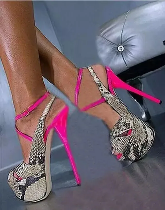 

Ladies Sexy Platform Sandals Women Snakeskin Pink High Heels Mixed Colors Buckle Stilettos Women Pumps Shoes Sapato Feminino