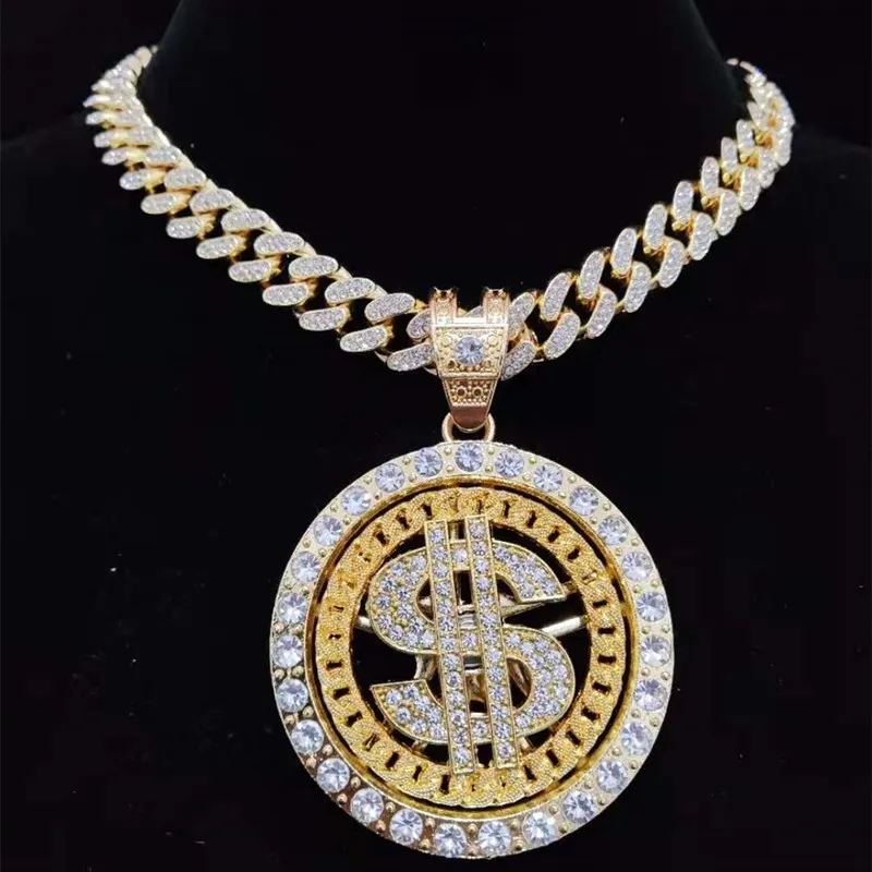 Men Hip hop Iced out Bling Rotatable Dollar Pendant Necklace crystal Cuban Chain Hiphop Necklaces fashion Charm jewelry