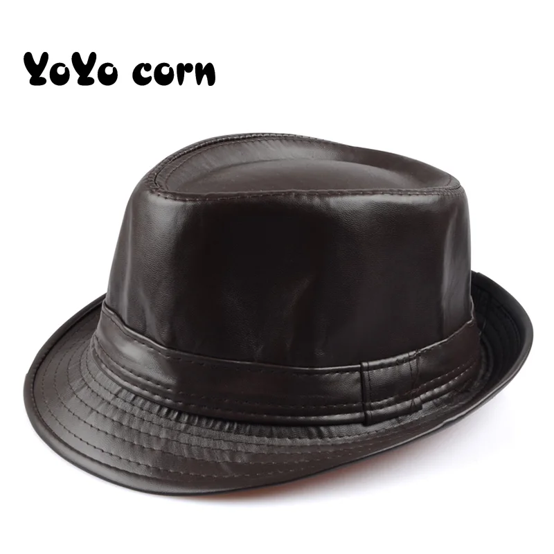 Solid color Leather Man\'s hat Wide Brim Stetson Fedoras British Hats For Men/Women Gentman Black Fitted Jazz Hip-Pop Gorras cap