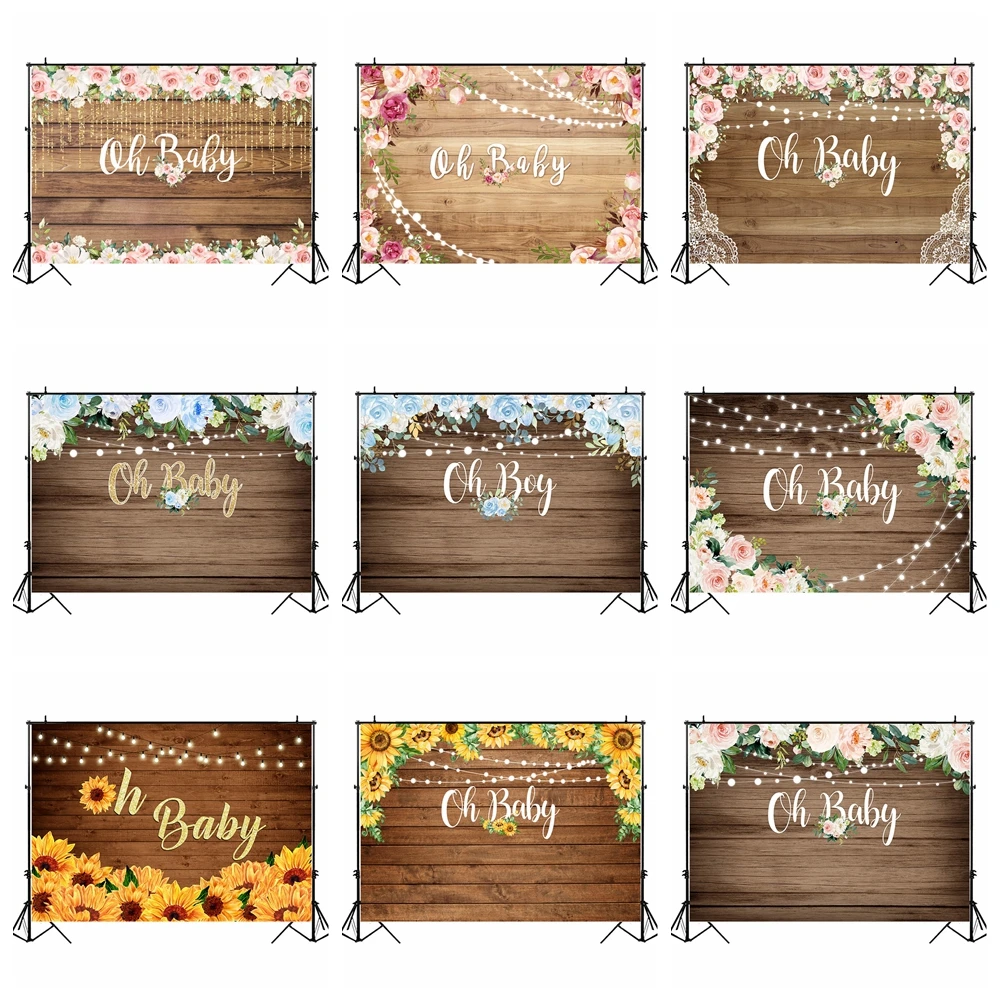 

MOCSICKA Oh Baby Baby Shower Backdrop Flower Sunflower Light Newborn Boy Girl Wood Board Birthday Photo Background Decor Studio