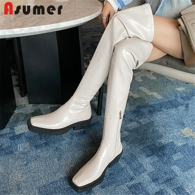 

ASUMER 2022 New Arrive Over The Knee Thigh High Boots Women Genuine Leather Shoes Square Toe Zip Fashion Slim Boots Women