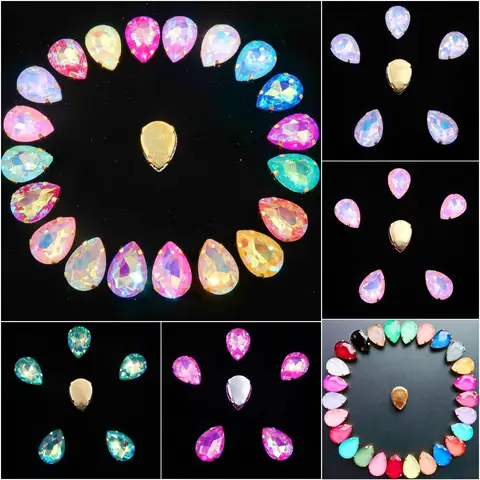 Water Drop Shape Gold Claw Settings 7*10 10x14 13*18mm Jelly Candy & AB Colors Glass Crystal Sew On Rhinestone Applique DIY