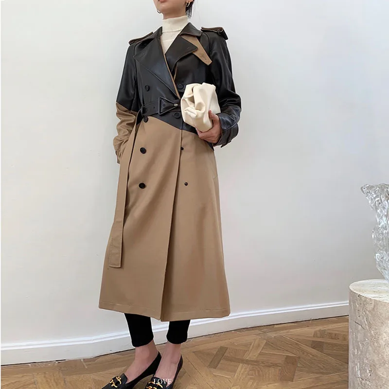 Genuine Leather Windbreaker Fashion Sheepskin Temperament British Real Leather Women Long Section Colorblock Belted Trench Coat