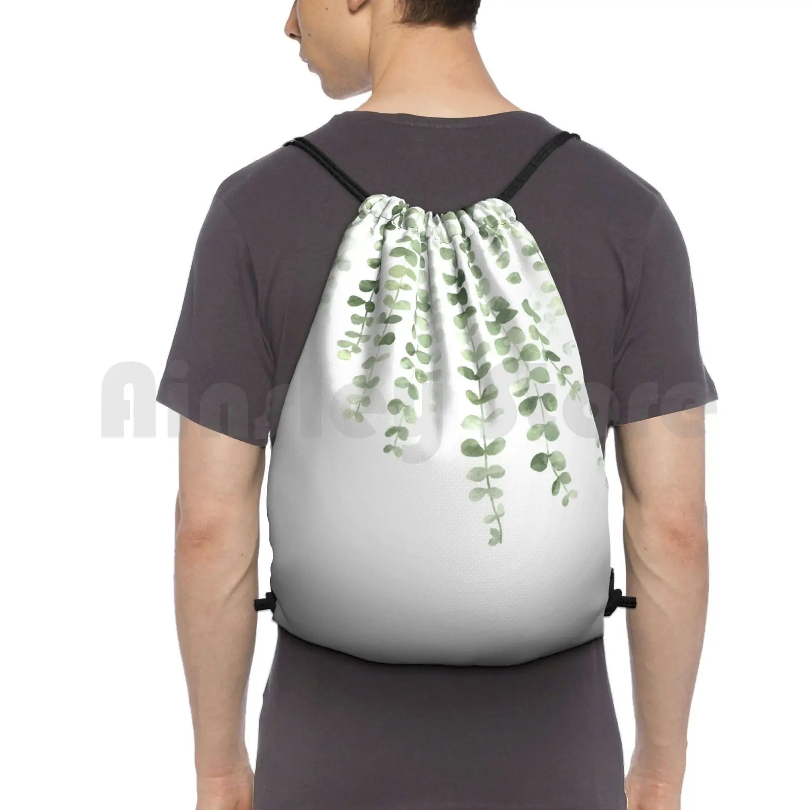 Eucalyptus Watercolor Backpack Drawstring Bag Riding Climbing Gym Bag Plant Climbing Vines Herb Leaf Leaves Backdrop