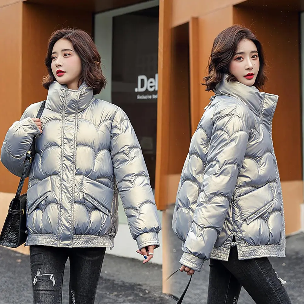 Vielleicht Fashion Winter Jacket Thick Warm Short Parkas Women Winter Coat Elegant Shinny Cotton Stand Collar Jackets Female