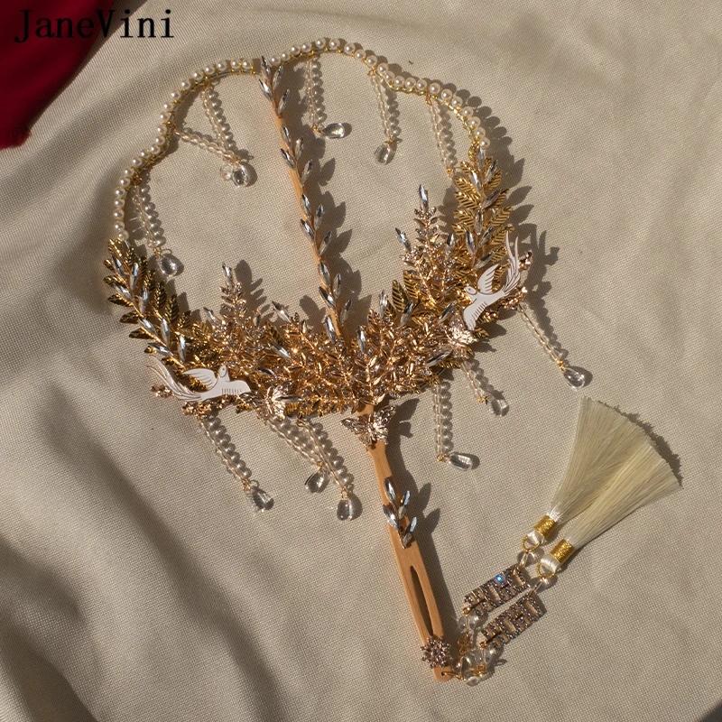 JaneVini Luxury Crystal Chinese Bridal Bouquet Fan Handmade Flowers Hollow Metal Fans Beaded Tassels Wedding Jewelry Accessories