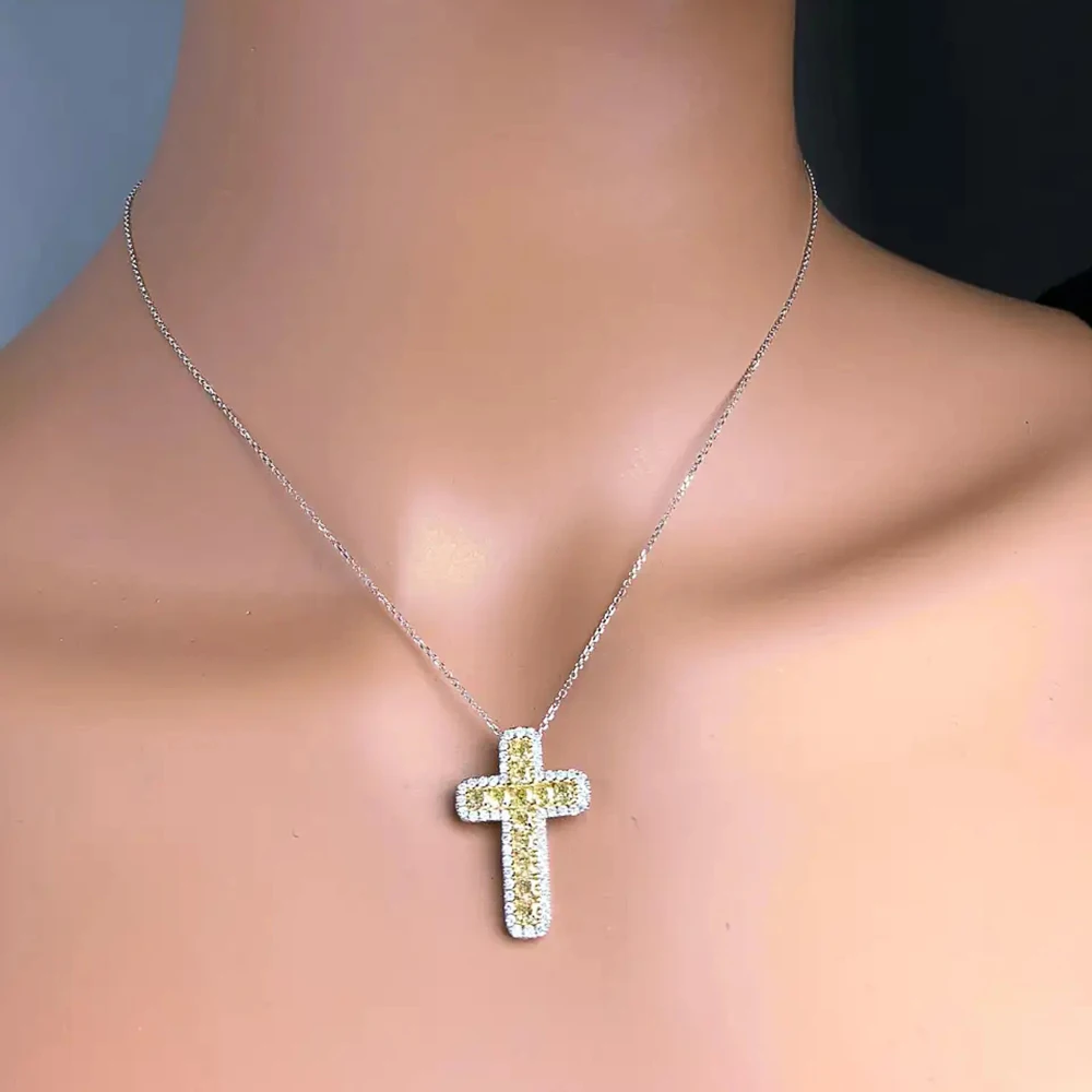 Huitan Lovely Cross Pendant Necklace Bright Yellow Color Cubic Zircon Anniversary Gift Daily Wear Women Necklace Fashion Jewelry