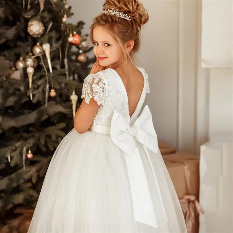 Flower Girl Dresses For Wedding Sheer Lace Applique Back Girls Pageant Gowns Princess Dresses