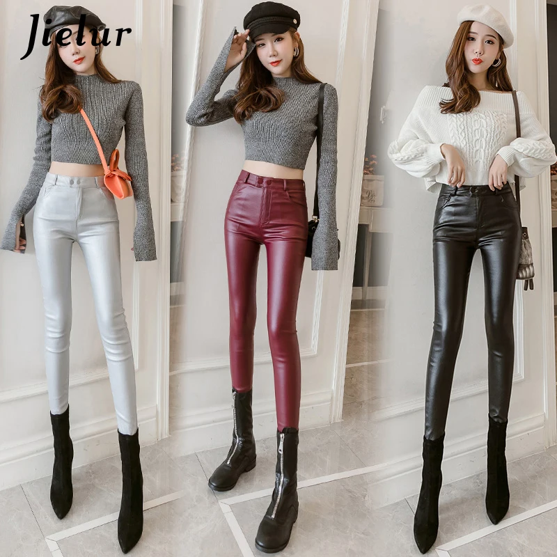 Jielur PU Faux Cuir Leggings Femmes Maigre Argent Rouge Noir Pantalon Femme Dame S-3XL Mince/Sourire Crayon Leggins Bubble Butt