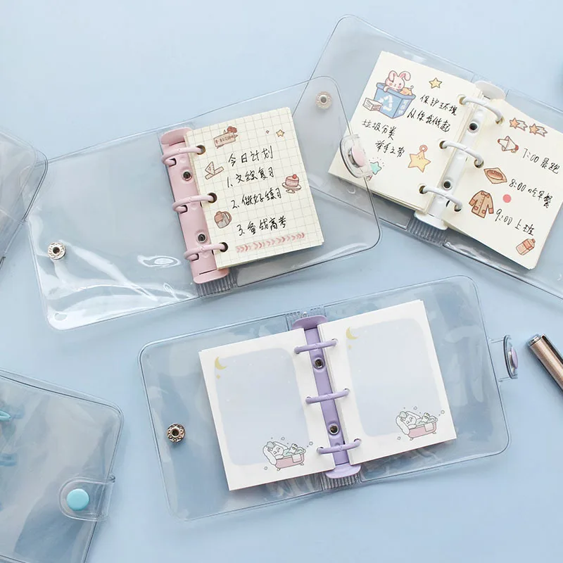 Mini conta de mão transparente em pvc, conjunto de folhas soltas com três buracos portátil de estudantes papel adorável