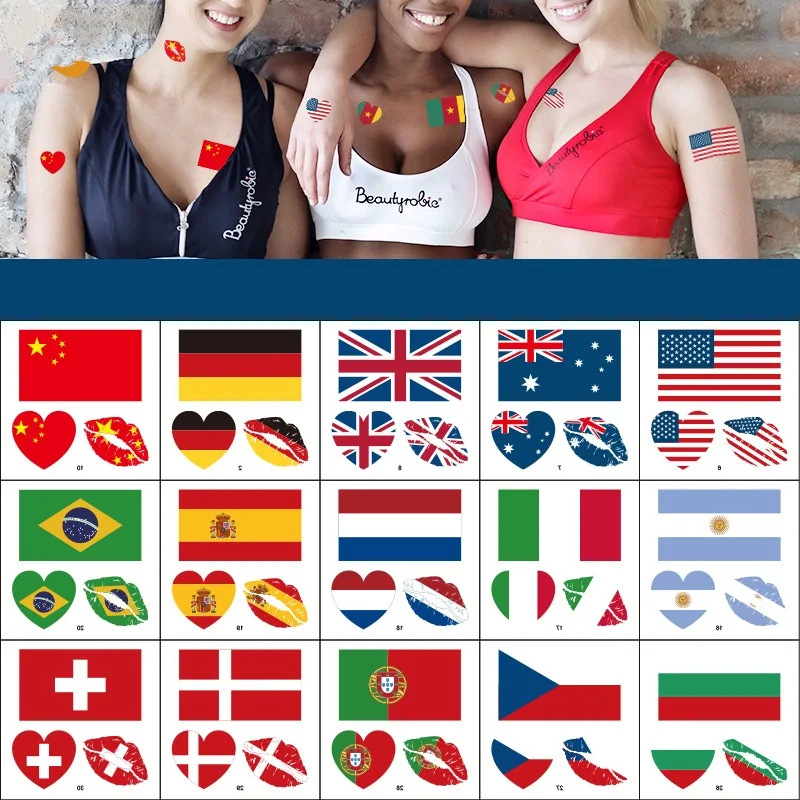 10Pcs/Set National Flag Tattoo Stickers Waterproof Temporary Festival Activity Game Body Art Disposable tatouage temporaire