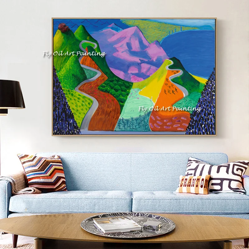 Best Hand painted modern Colorful Mountain David Hockney Oil Painting Canvas Paintings 3D Wall Painting Cuadros Decoration