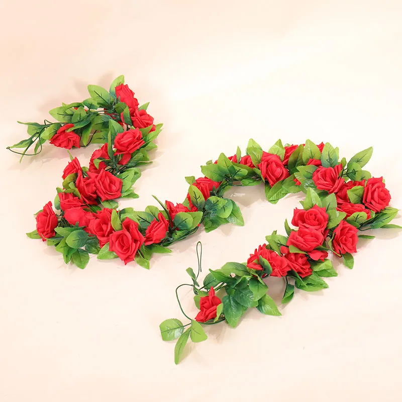 230cm Artificial Big Roses Flower Garland Silk Ivy Vine With Green Leaves Plants Rattan Wall Backdrop Hanging Wedding Arch Decor