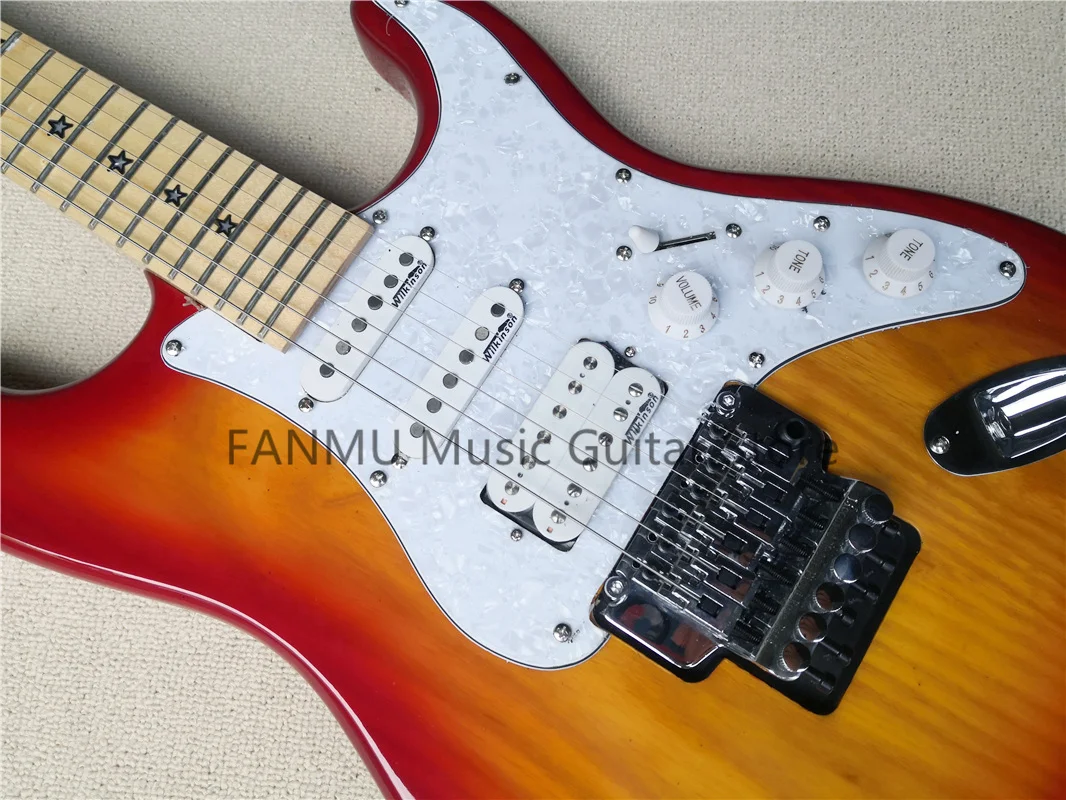 custom  6 string stra cherry sunburst guitar,ASH wood body,ssh pickups,tremolo bridge,pear pickguard,stars inlay