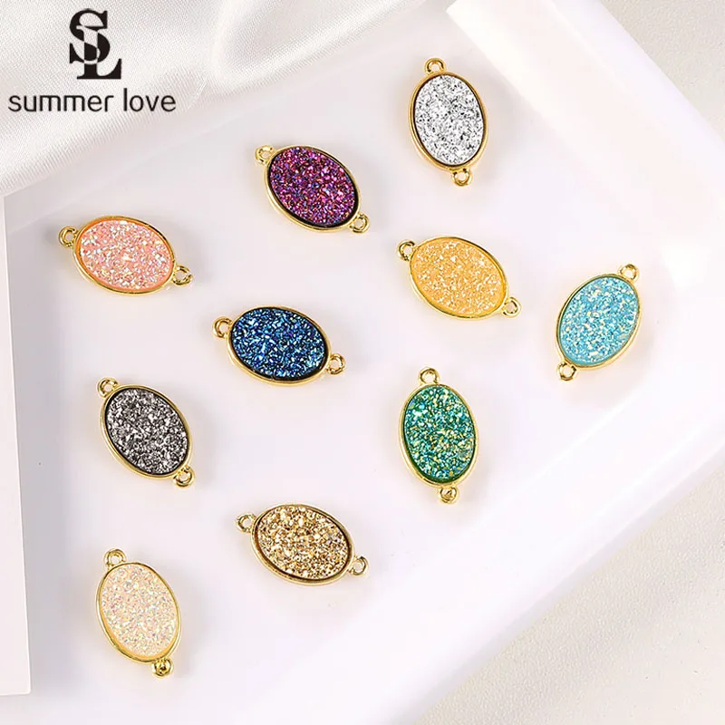 10PCS Bracelet Findings 2 Holes Connector Pendant Gold Plated Resin Druzy Charms for DIY Handmade Crafts Jewelry Making Supplies