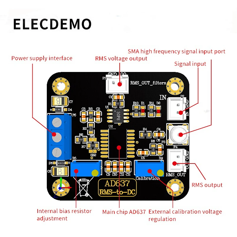 AD637 Modul RMS Deteksi Modul Puncak Tegangan Deteksi Modul Tegangan DC Output dengan Low Pass Filter Fungsi Dewan Demo