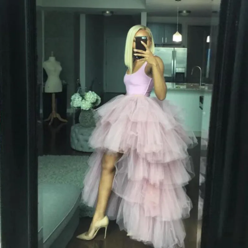 Mingli Tengda Chic Wanita Tutu Tinggi Rendah Tulle Rok Berjenjang Ruffles Asimetris Gaun Prom Pesta Rok Rok Faldas Custom Made