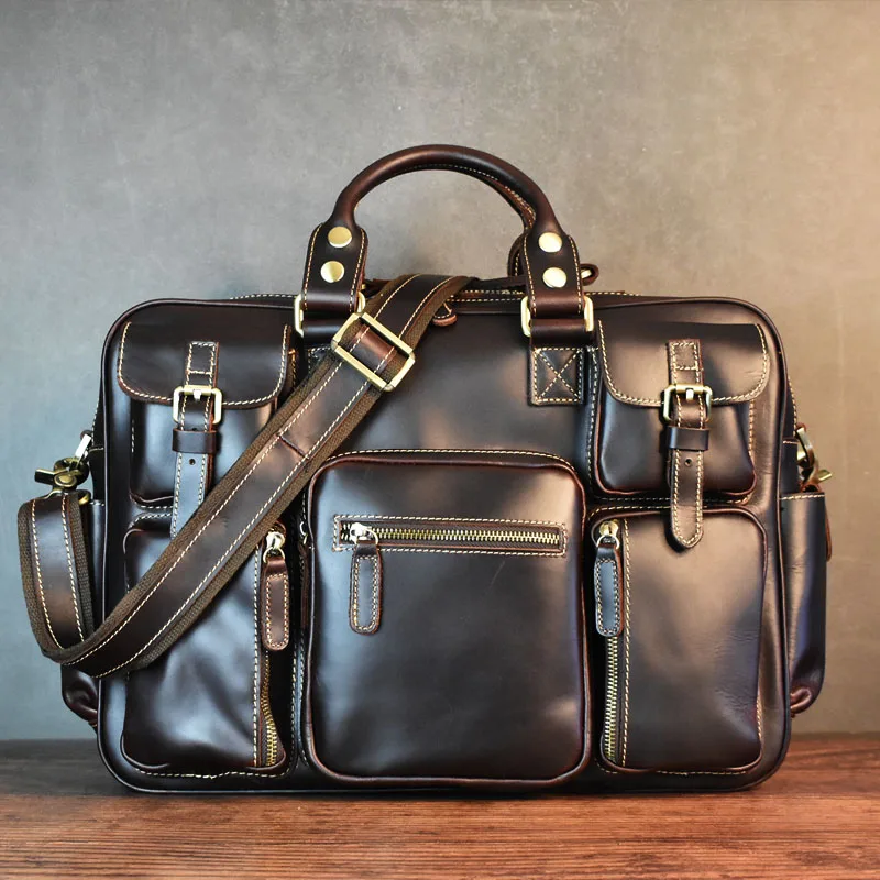 Vintage Men's Black Shoulder Bags High-Capacity Travel Luxury Genuine Leather Handbags Men Business Laptop 15 6 Inch Luggage Bag