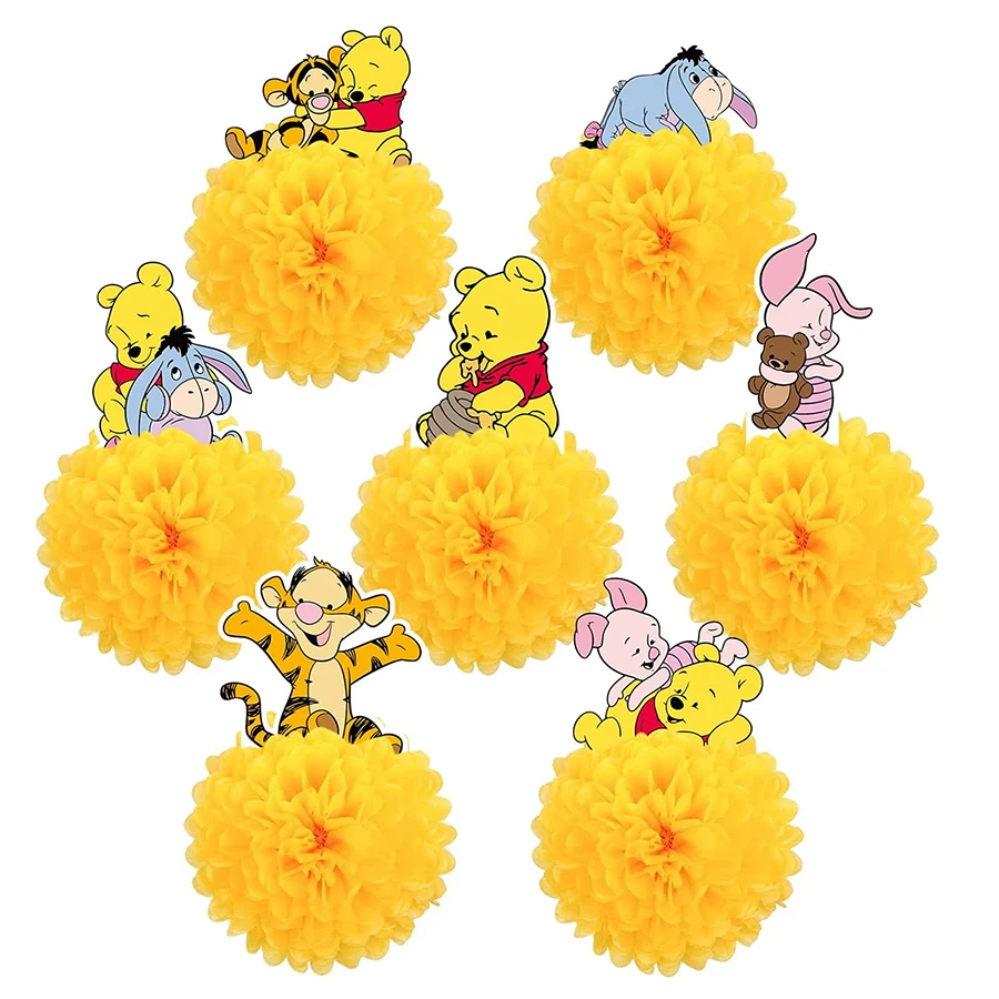 6Pcs Winnie The Pooh Honeycomb Centerpieces 3D Table Decorations Bear Table Decor Birthday Party Supplies Paper Pom Poms Flower