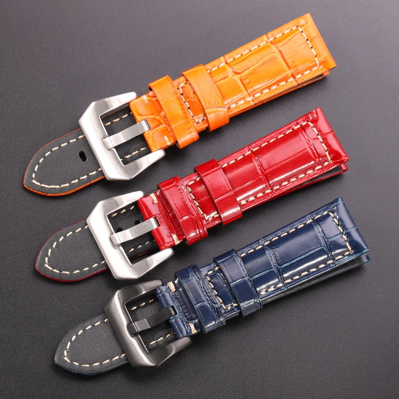 Genuine Leather Crocodile Pattern Watch Strap for Panerai 20mm 22mm 24mm 7 Colors Thick Watchband Belt Accessories