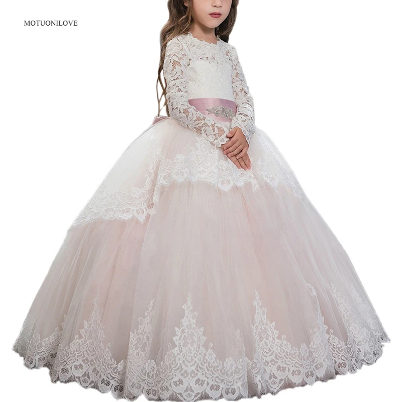 Long Sleeves Lace Blush Pink Baby Girl Summer Clothes Kid Dresses Toddler Girl Ball Gown For Wedding Party vestidos de comunion