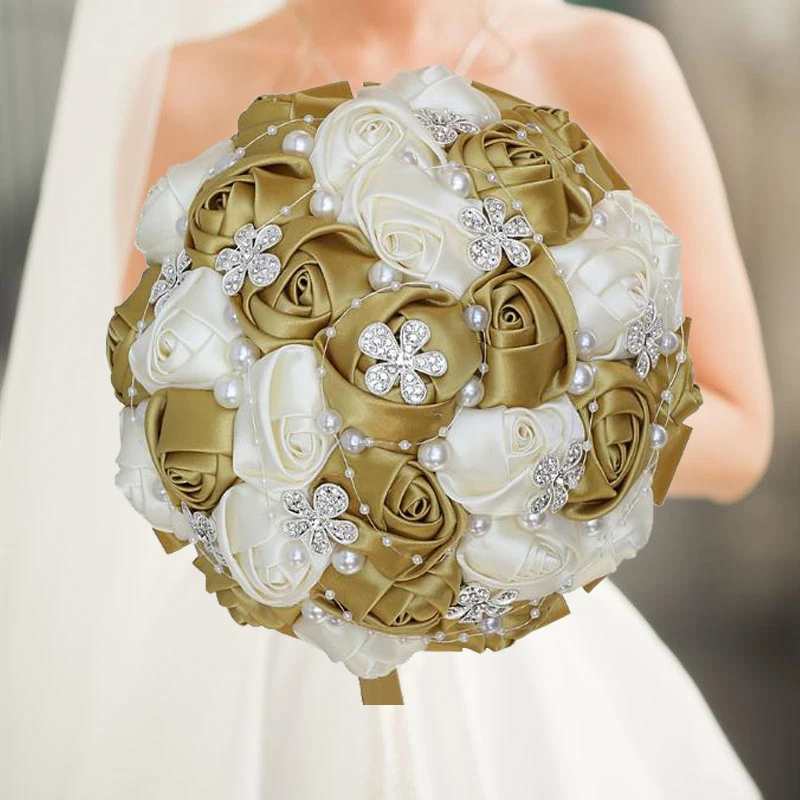 Yellow Royal Blue Wedding Bouquets With Crystal Bridal Bouquets Bridesmaid Artificial Satin Roses Bride Flowers image 3
