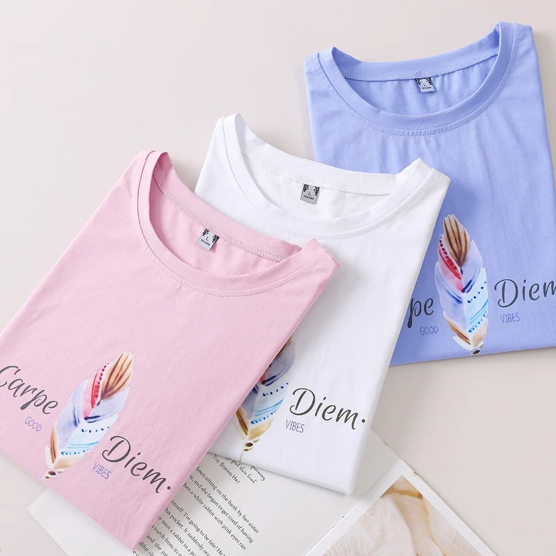 Gradient Feather Letter Printing Summer Cotton T-Shirt Casual 2023 Short Sleeve Creativity Office Lady Tshirt Feminine Pink Tops