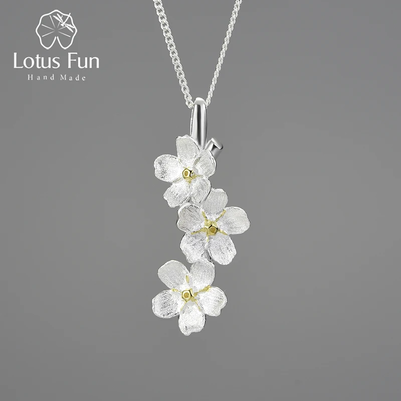 Lotus Fun Real 925 Sterling Silver Long Elegant Forget-me-not Flower Pendant Fashion Jewelry Chains and Necklace for Women Gift