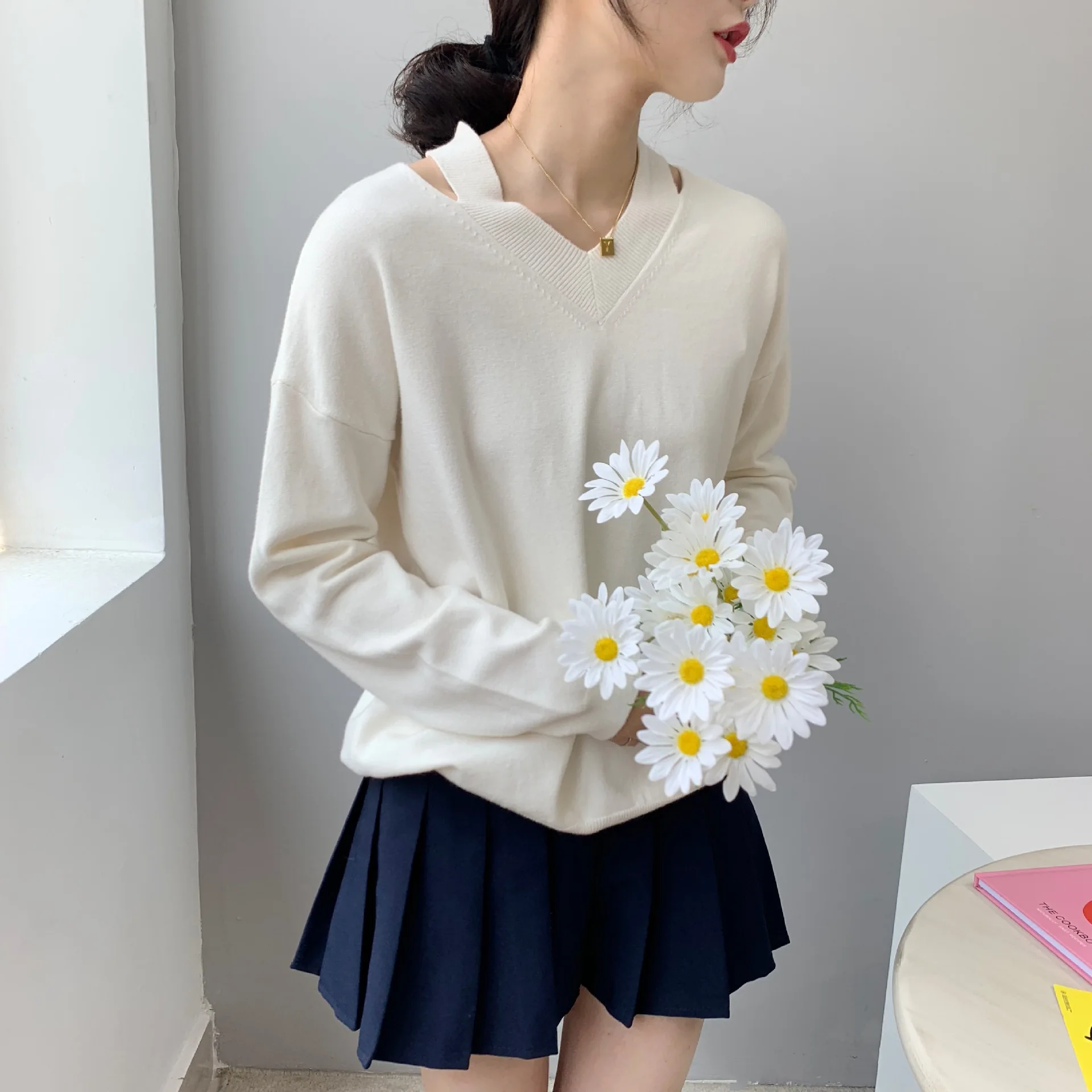 

V-Necek Women's Sweater Pullover Autumn Long Sleeve Tops Wool Blend Sweaters jersey mujer