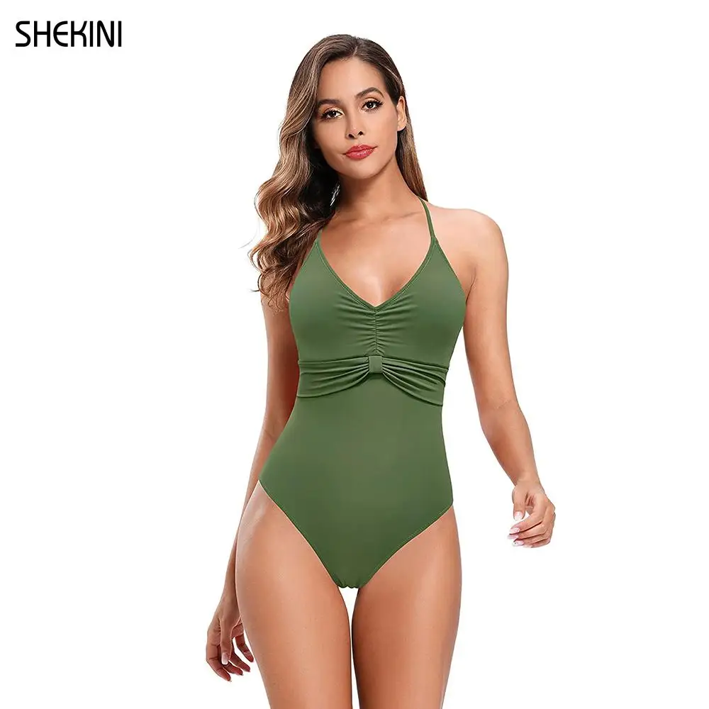 SHEKINI Women's V Neck Ruched Tie Knot Front Bikini One Piece Swimsuit Back Crisscross Bathing Suit Solid Summer Beach Swimwear