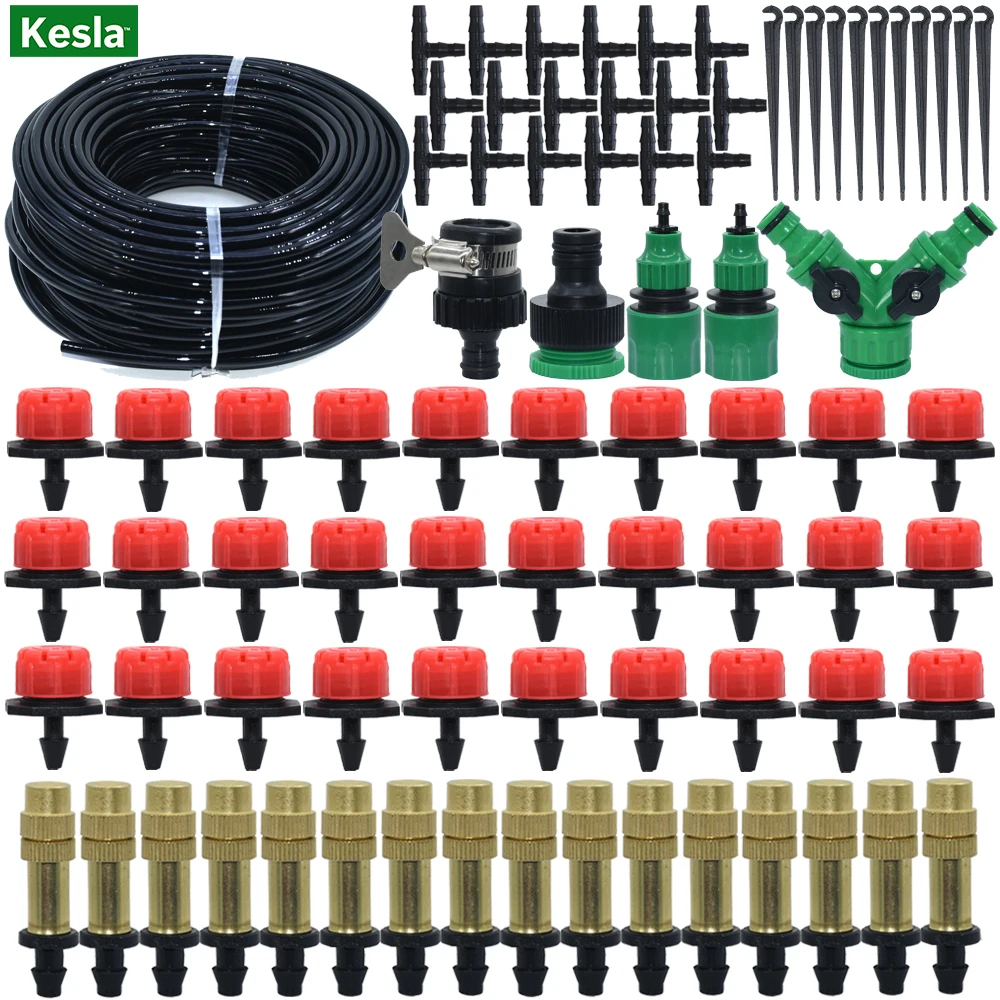 KESLA 5M-30M Garden Greenhouse Drip Irrigation System Watering Kit w 1/4'' PVC Hose Misting Nozzle Sprinkler Dripper Tee Adaptor