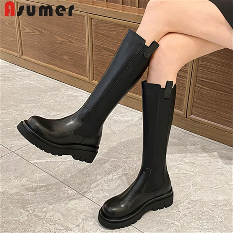 

ASUMER 2022 New Arrive Genuine Leather Shoes Women Riding Boots Zipper Autumn Flat Platform Shoes Women Knee High Boots