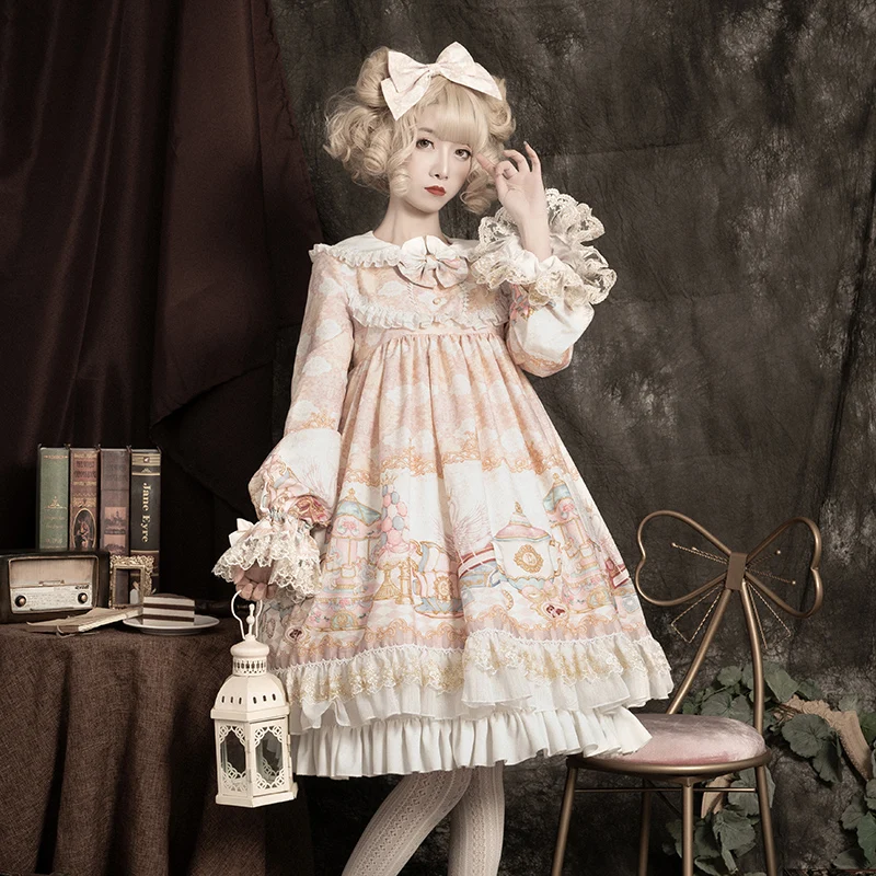 

Sweet princess lolita dress vintage lace bowknot peter pan collar high waist victorian dress kawaii girl gothic lolita op loli