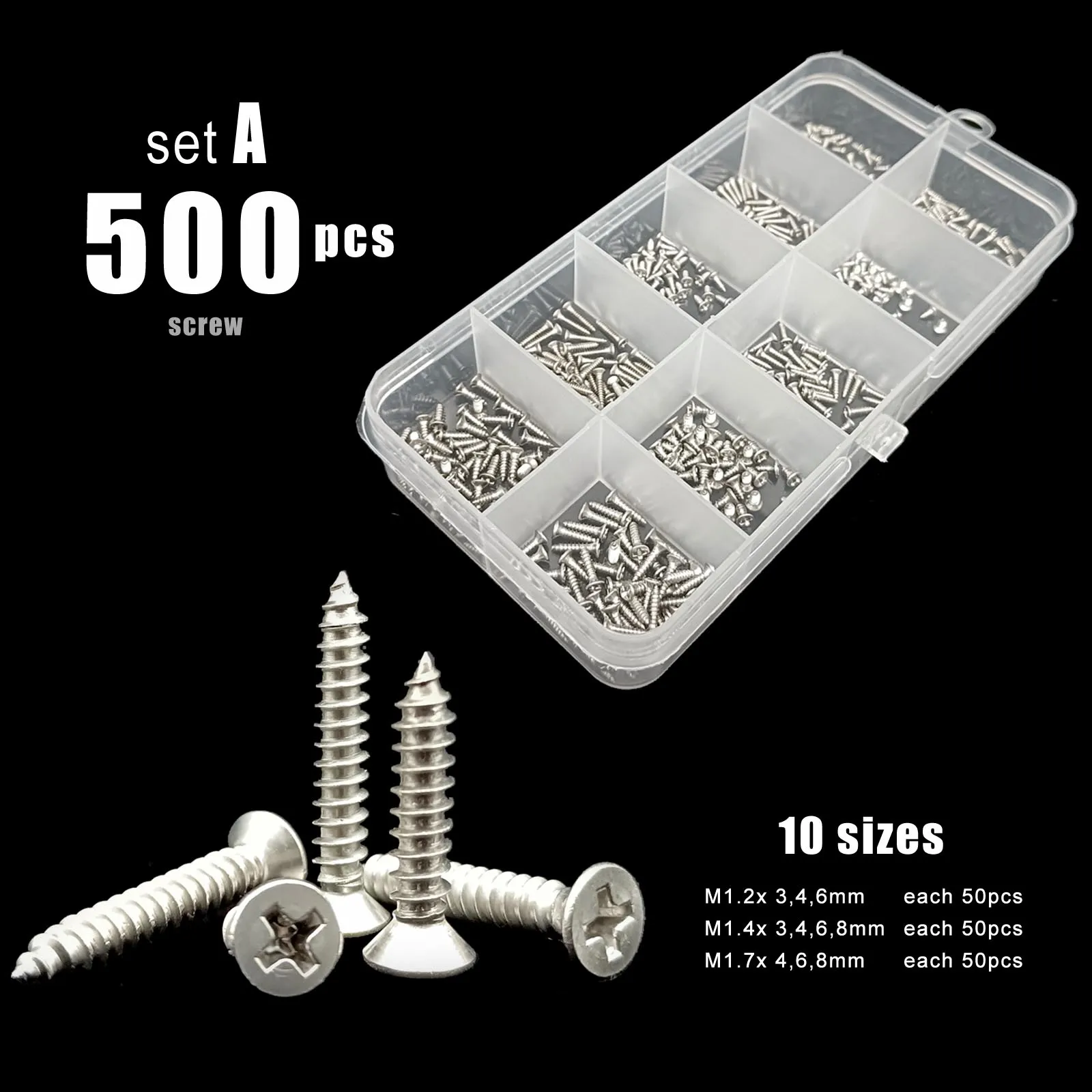 380/1010X M1.2 M1.4 M1.7 M2 M3 M4 304 Stainless Steel Small Cross Phillips Flat Countersunk Head Self-tapping Wood Screw Set Kit